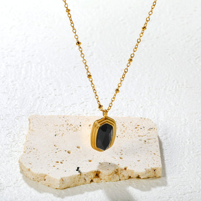 12.6*19mm Black Agate Stone Pendant 0.4 Clip Bead Chain Round Tag Necklace Gold asonjewelry