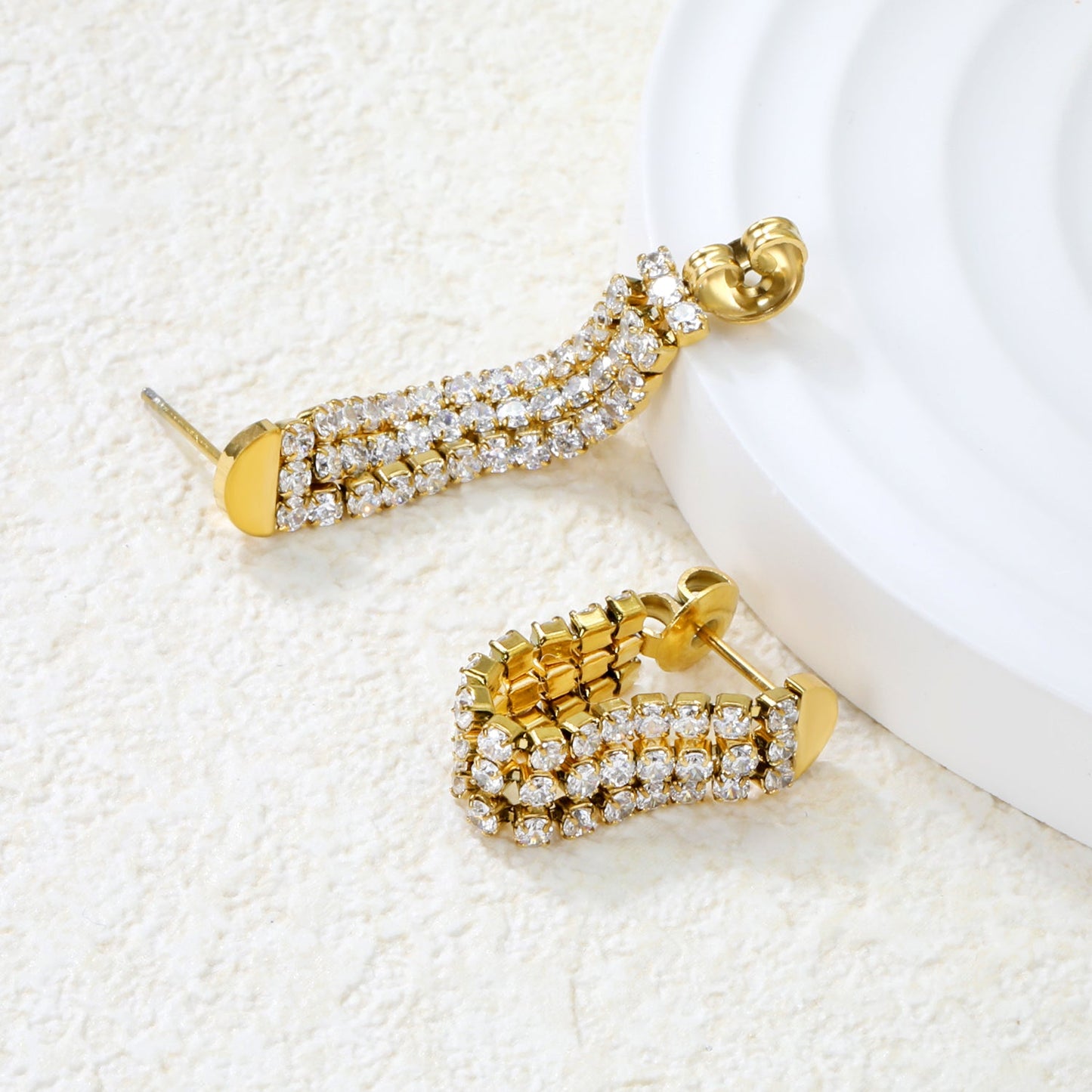 6.4*35.9mm three white diamond tassels earrings steel color/golden color asonjewelry