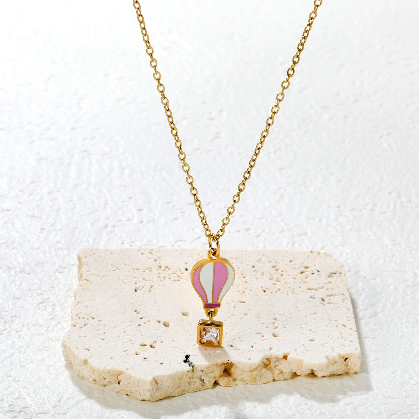 6mm Diamond 10*13mm Hot Air Balloon Pendant 0.4mm Cross Chain Round End Cap Necklace Gold asonjewelry