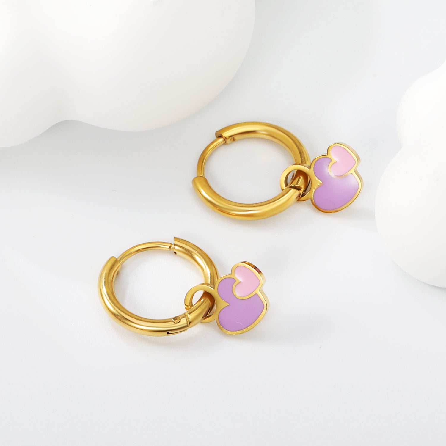 2*10mm circle + 8.4*10mm big heart with pink and purple drop earrings gold color asonjewelry