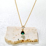 5mm square diamond + 8*11mm green teardrop diamond 0.4ct Angled chain with round pendant Necklace in gold/steel