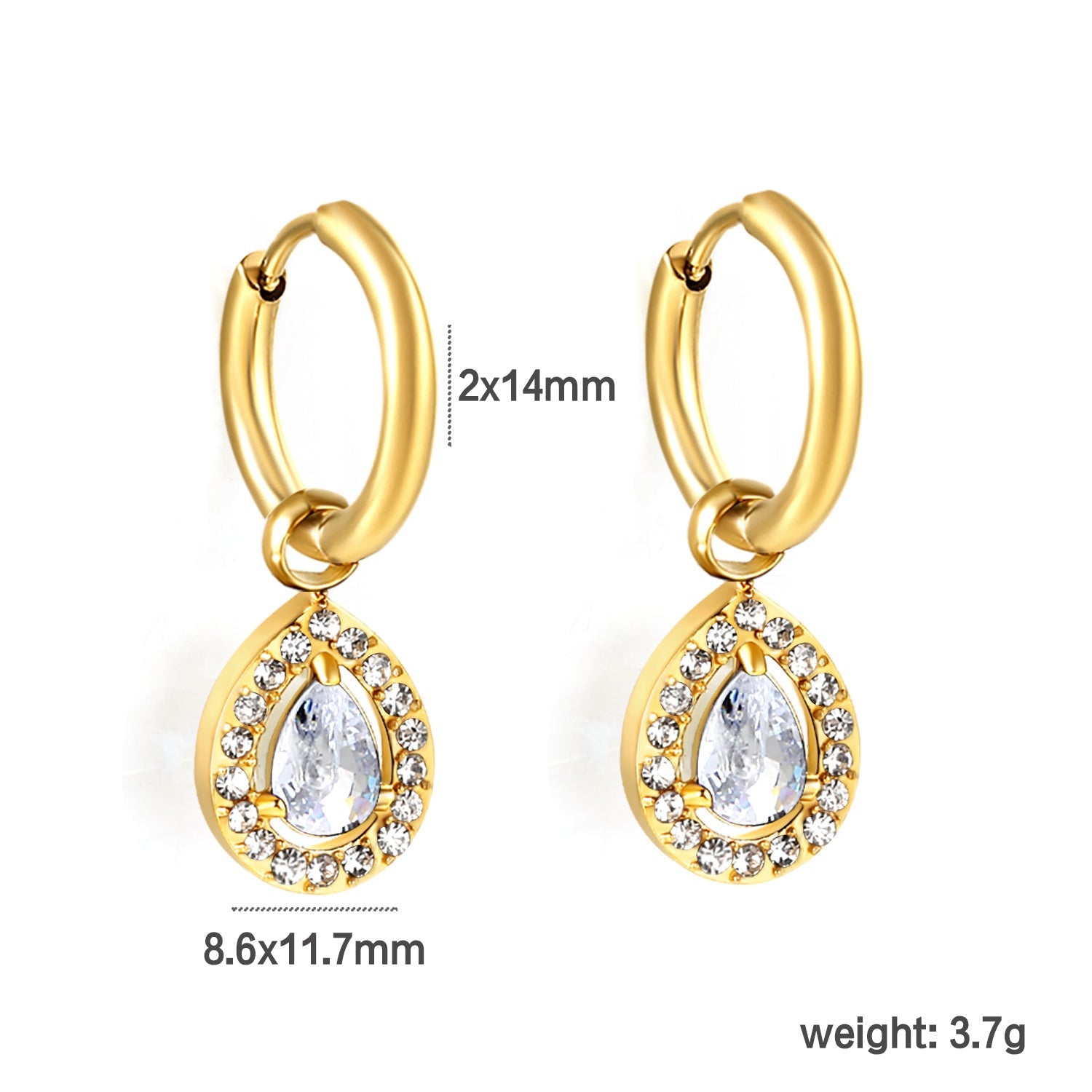 Wire 2*O.D. 14mm earrings + 8.6*10.8mm drop-shaped white zirconia/emerald green glass + CNC drilling white zirconium hoop fittings Gold color asonjewelry