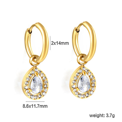 Wire 2*O.D. 14mm earrings + 8.6*10.8mm drop-shaped white zirconia/emerald green glass + CNC drilling white zirconium hoop fittings Gold color asonjewelry