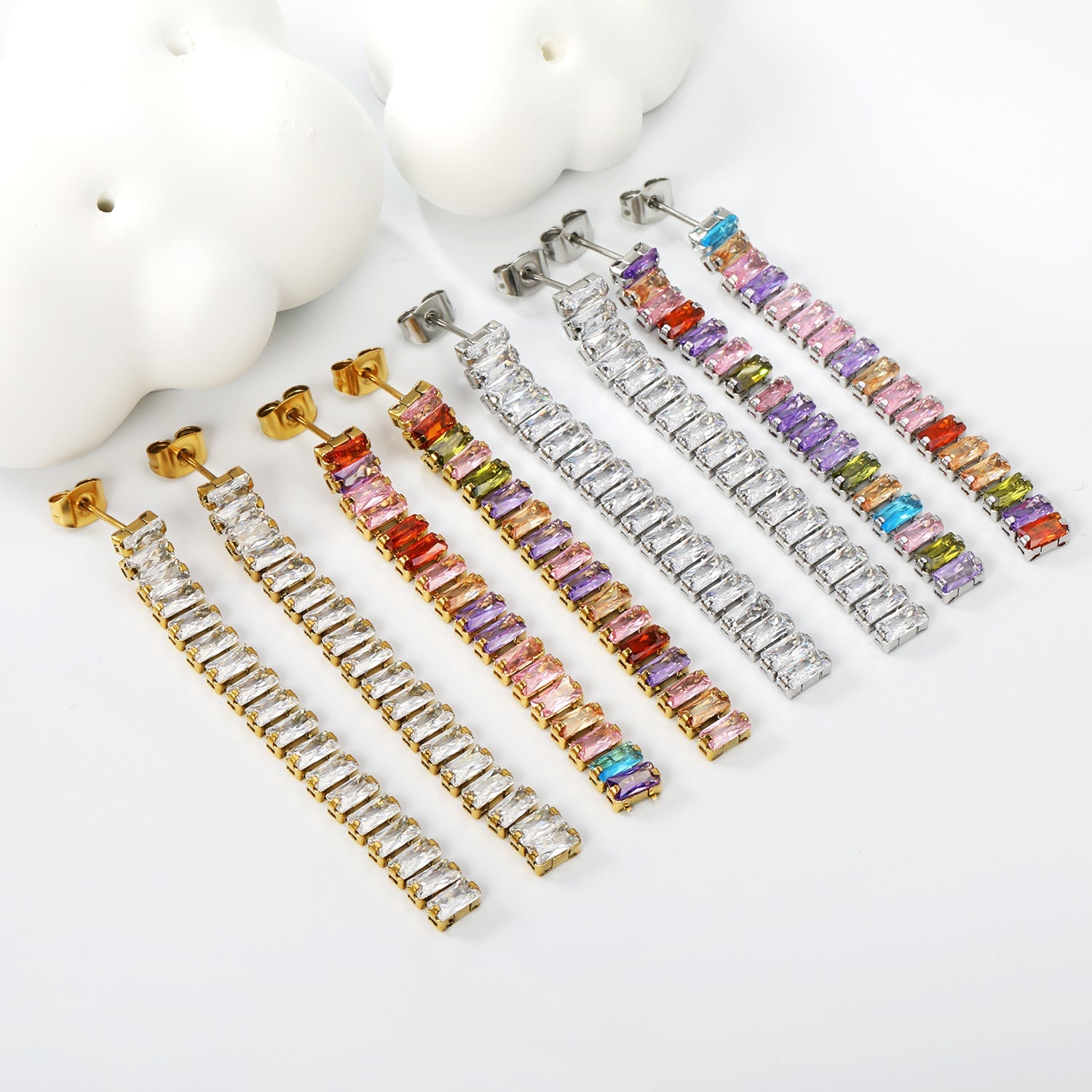 Earrings 5.83mm rectangle white/mixed color diamonds 5.5cm gold/steel color asonjewelry