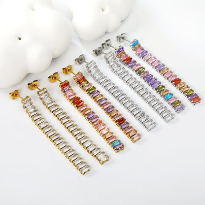 Earrings 5.83mm rectangle white/mixed color diamonds 5.5cm gold/steel color asonjewelry