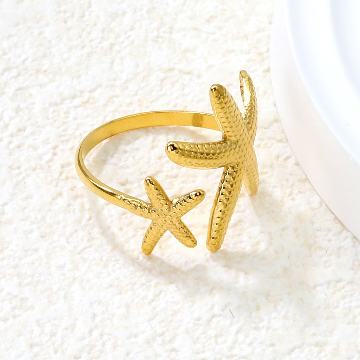 2-Piece Gold Ocean Ring Set: Starfish, Shell & Double Starfish Designs asonjewelry