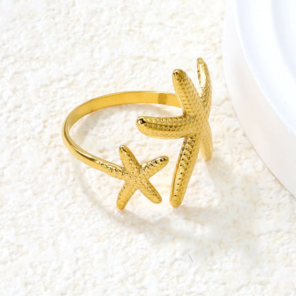 2-Piece Gold Ocean Ring Set: Starfish, Shell & Double Starfish Designs asonjewelry