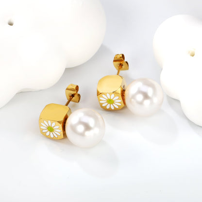 8mm square with white oil drop daisy + 12mm pearl stud earrings gold color asonjewelry