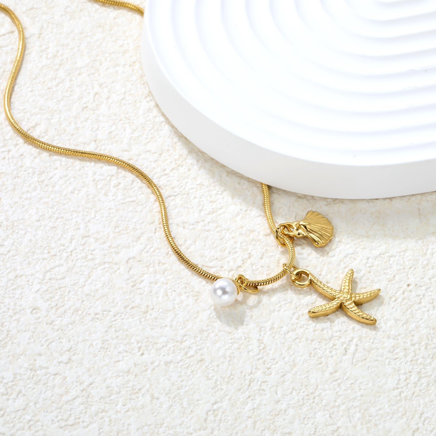 15 x 20.7mm Starfish + 10.1 x 11.4mm Shell + 5.6mm Pearl Accessories 1.2mm Round Snake Chain 40+5cm+6mm Necklace Gold asonjewelry