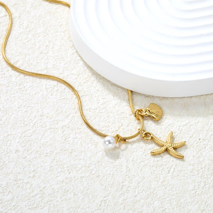 15 x 20.7mm Starfish + 10.1 x 11.4mm Shell + 5.6mm Pearl Accessories 1.2mm Round Snake Chain 40+5cm+6mm Necklace Gold asonjewelry