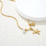 15 x 20.7mm Starfish + 10.1 x 11.4mm Shell + 5.6mm Pearl Accessories 1.2mm Round Snake Chain 40+5cm+6mm Necklace Gold