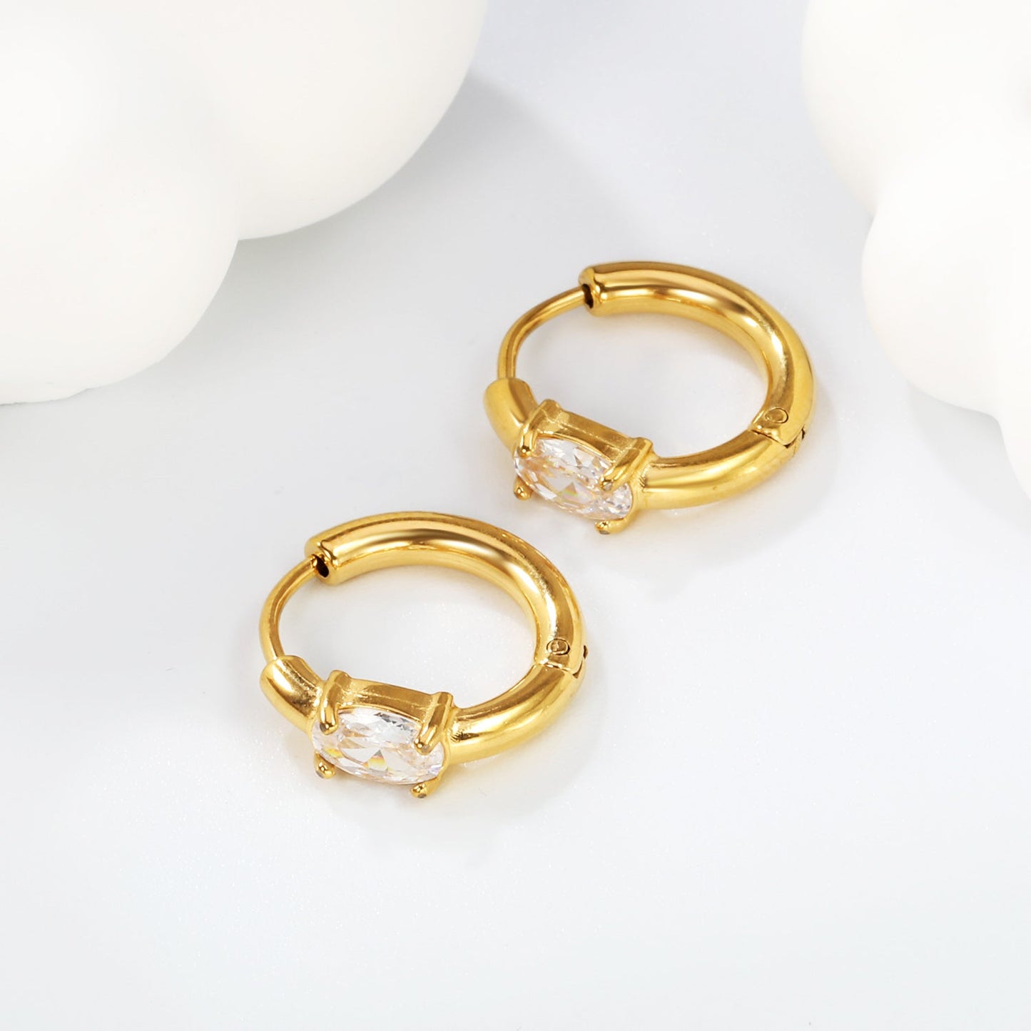 4.5*6.7mm Oval Four Claw White Zirconia Ear Clips 2.5*I.D. 11mm Steel Gold asonjewelry