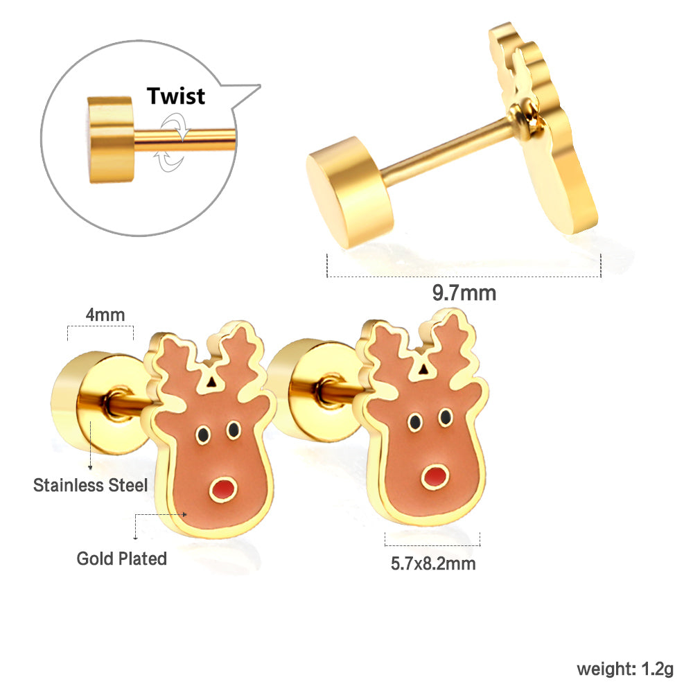 Screw plug Christmas deer head mixed color stud earrings asonjewelry