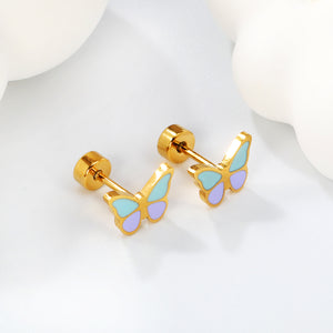 Screw plug 0.8*8mm needle butterfly with mixed color oil drip earrings 8.6*6.4mm gold color