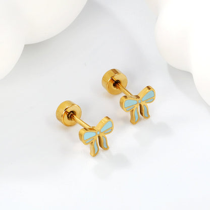 Screw plug 0.8*8mm pin bow with blue drop earrings 6.3*5.6mm gold color asonjewelry