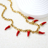5x16mm Full Gold/Red Chili Pepper Pendant with 1.2mm 0-Link Chain, 40+5cm + 6mm Round Tag Necklace, Gold