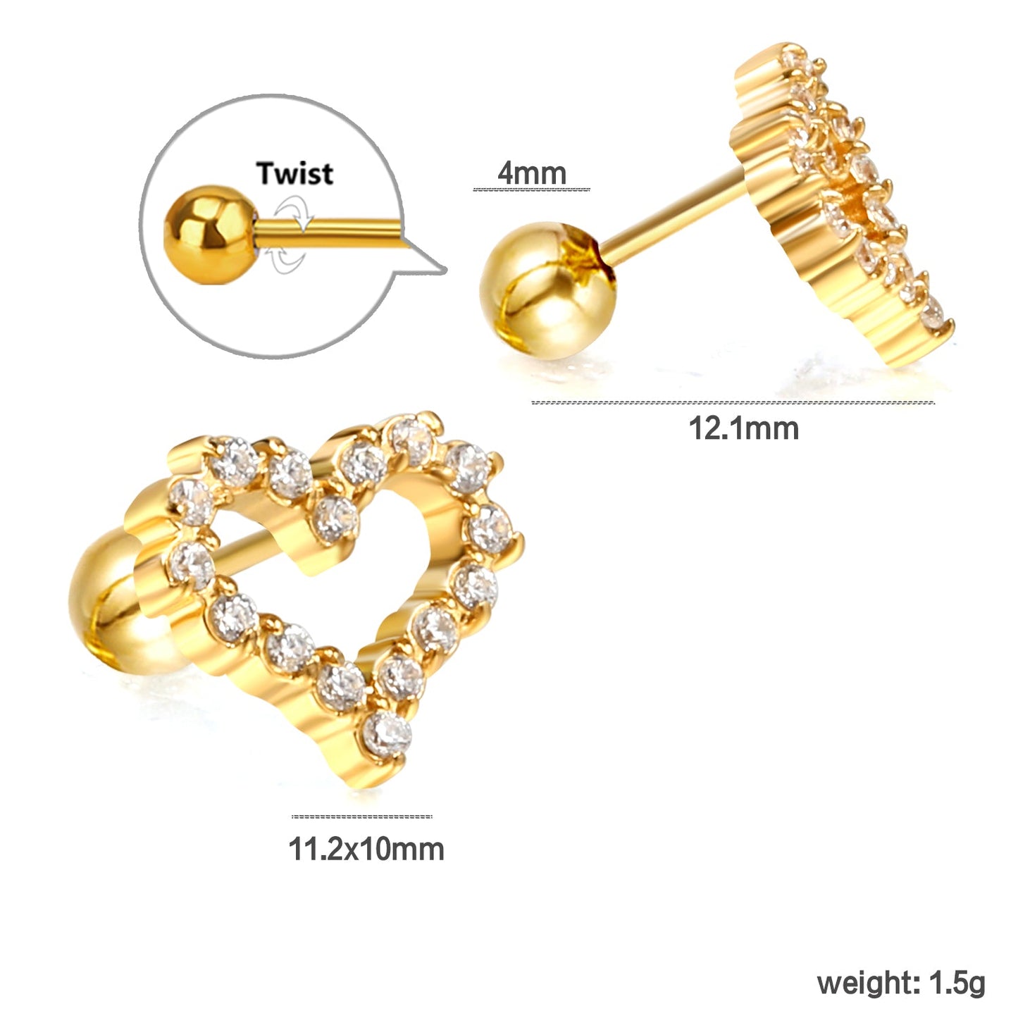 Steel ball screw-in heart shaped hoop earrings with white diamond 11.2*10mm asonjewelry