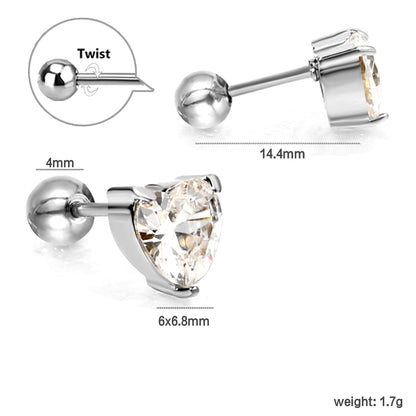 Steel ball screw-in heart shaped earrings with white diamonds 6*6.8mm asonjewelry
