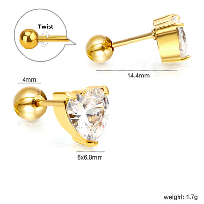 Steel ball screw-in heart shaped earrings with white diamonds 6*6.8mm asonjewelry