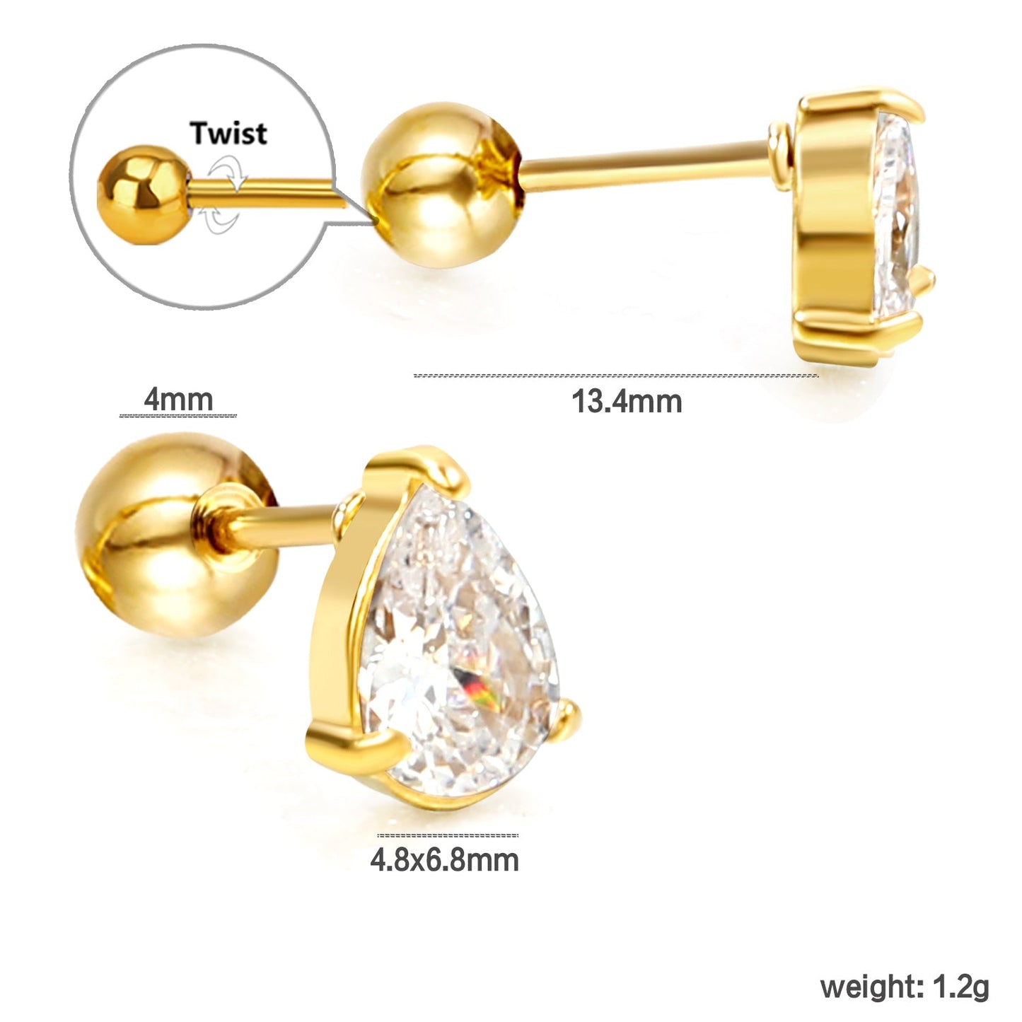 Steel ball screw-in drop earrings with white diamonds 4.8*6.8mm asonjewelry