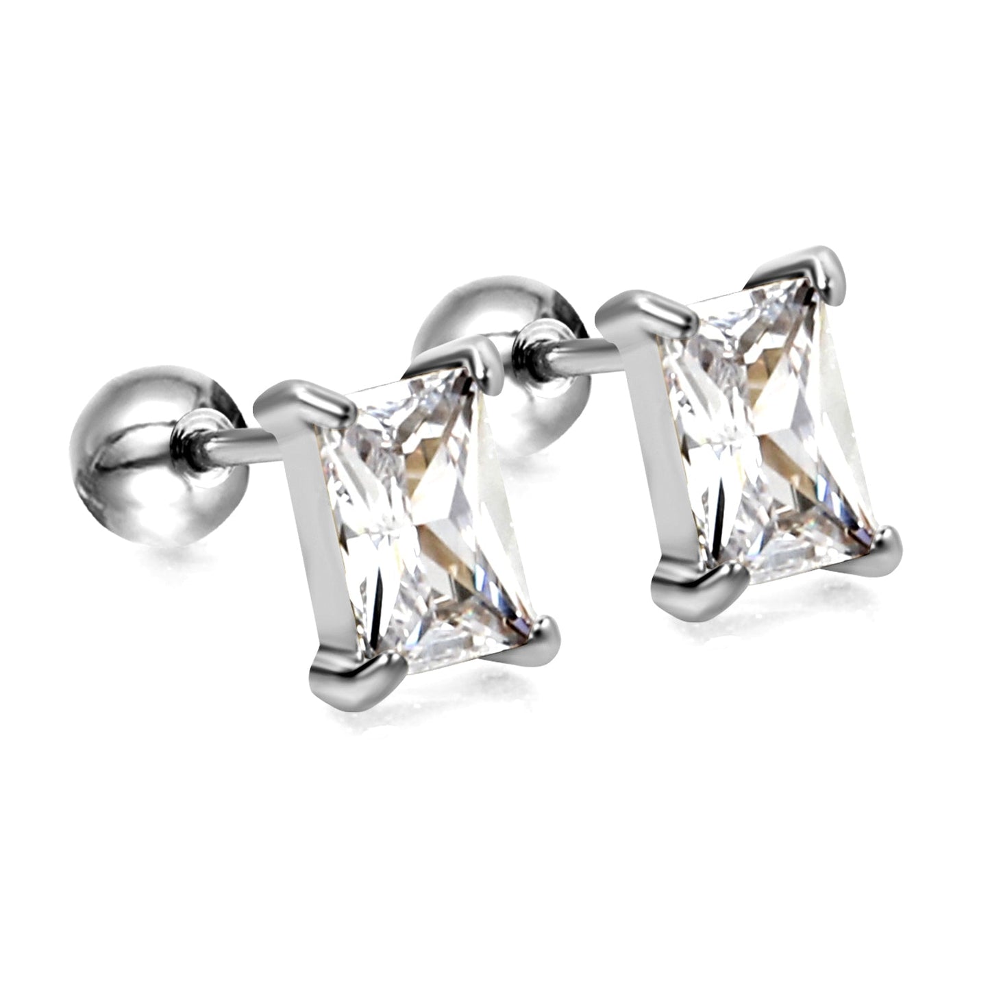Steel ball screw-in rectangular earrings with white diamonds 5.2*7.2mm asonjewelry