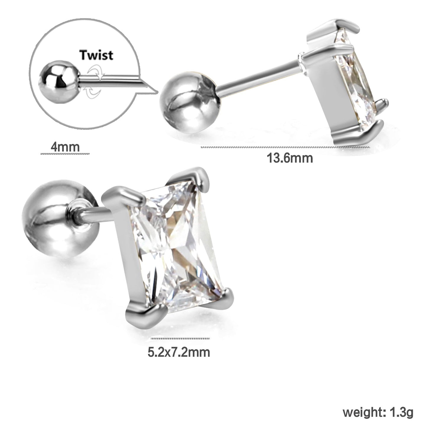 Steel ball screw-in rectangular earrings with white diamonds 5.2*7.2mm asonjewelry