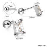 Steel ball screw-in rectangular earrings with white diamonds 5.2*7.2mm