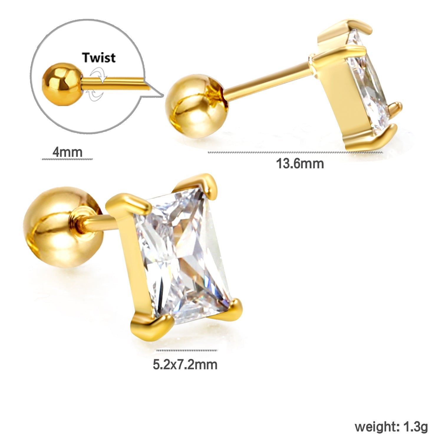 Steel ball screw-in rectangular earrings with white diamonds 5.2*7.2mm asonjewelry