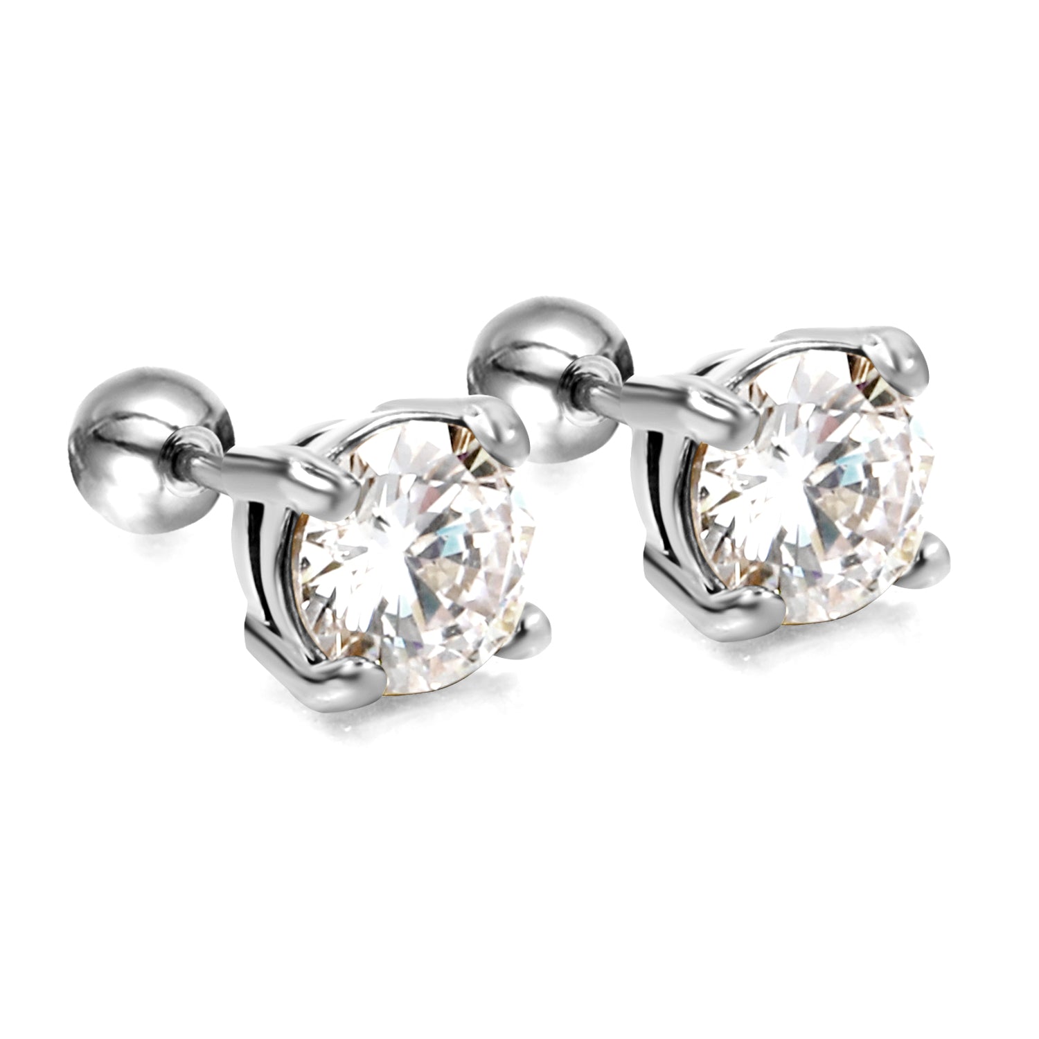 Steel Bead Screwback Round Earrings with White Diamonds 6.9mm asonjewelry