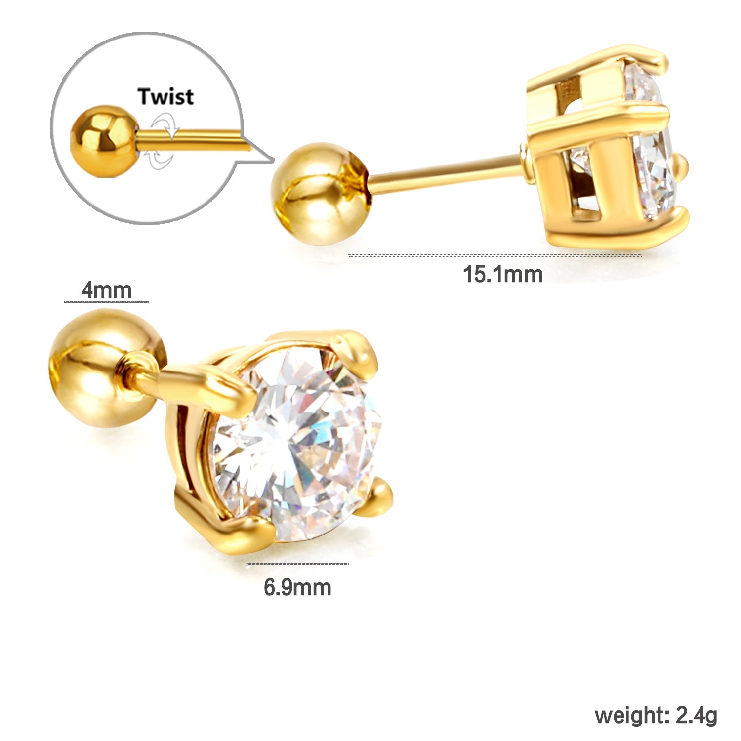 Steel Bead Screwback Round Earrings with White Diamonds 6.9mm asonjewelry