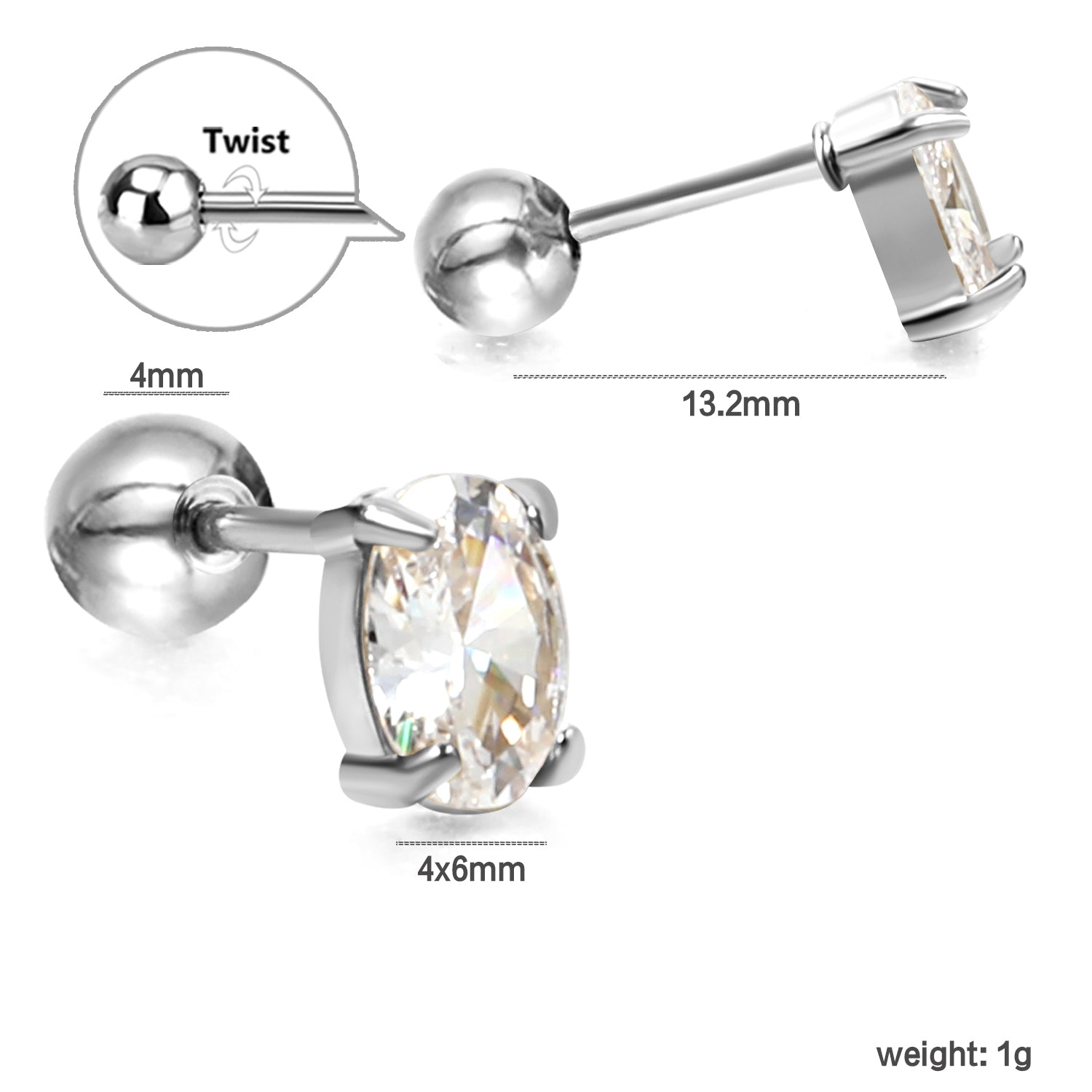 Steel ball screw-in oval earrings with white diamonds 4*6mm asonjewelry