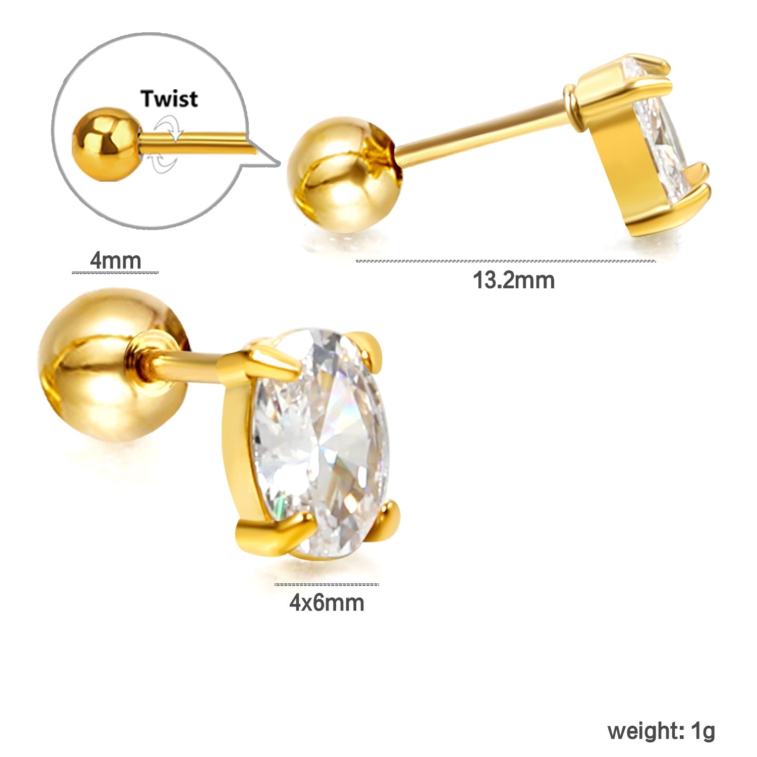 Steel ball screw-in oval earrings with white diamonds 4*6mm asonjewelry