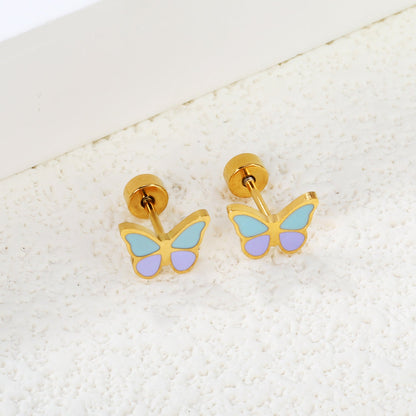 Screw plug 0.8*8mm needle butterfly with mixed color oil drip earrings 8.6*6.4mm gold color asonjewelry