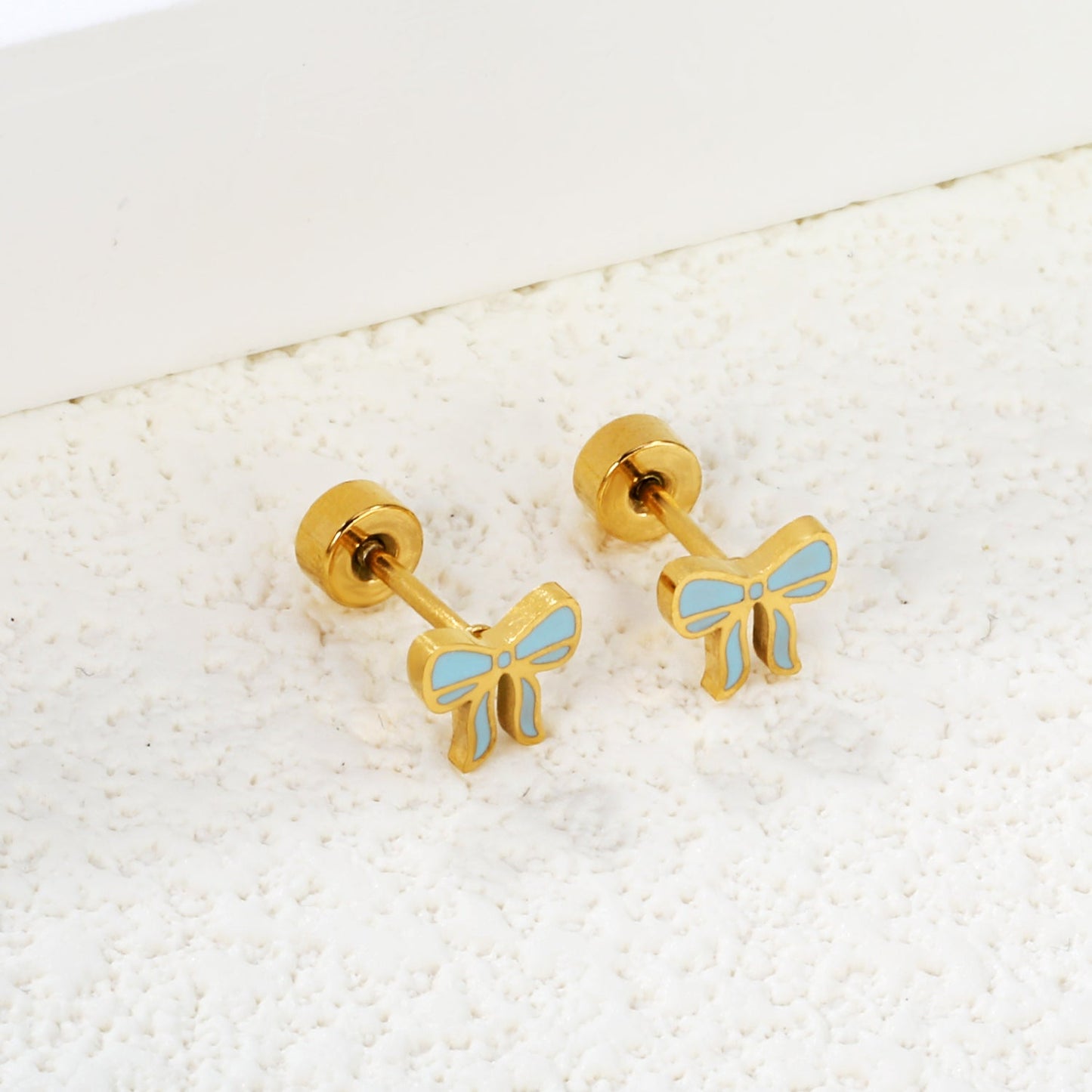 Screw plug 0.8*8mm pin bow with blue drop earrings 6.3*5.6mm gold color asonjewelry