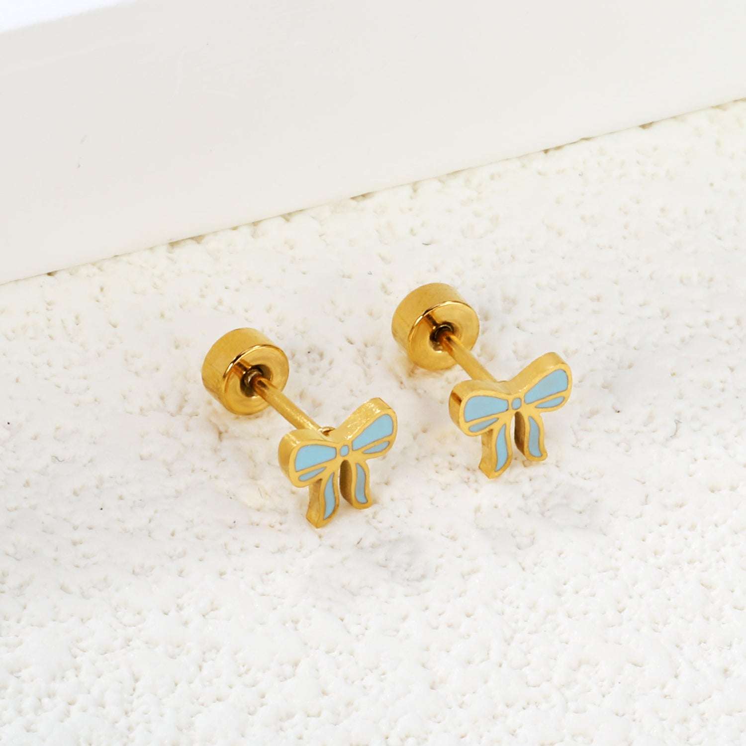 Screw plug 0.8*8mm pin bow with blue drop earrings 6.3*5.6mm gold color asonjewelry