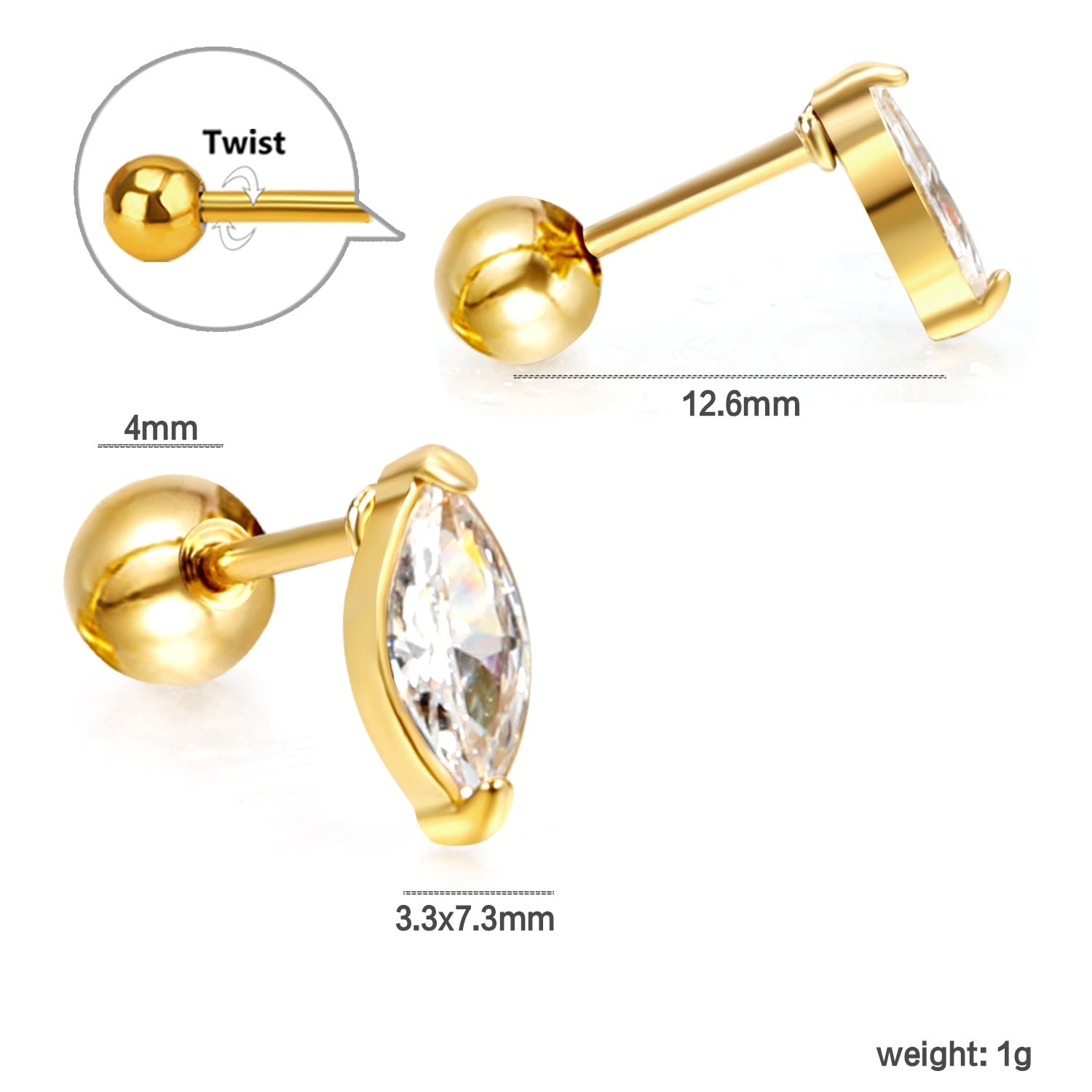 Steel Beads Screwback Horse Eye Earrings with White Diamonds 3.3*7.3mm asonjewelry