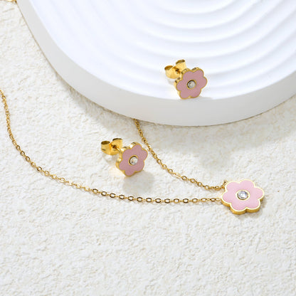 Pink/Light Blue Flower Drip Oil with Diamond Set Gold Earring: 9x10mm Pendant: 12x12mm 0.3mm Cross Chain 40+5cm + 6mm Round Pendant asonjewelry