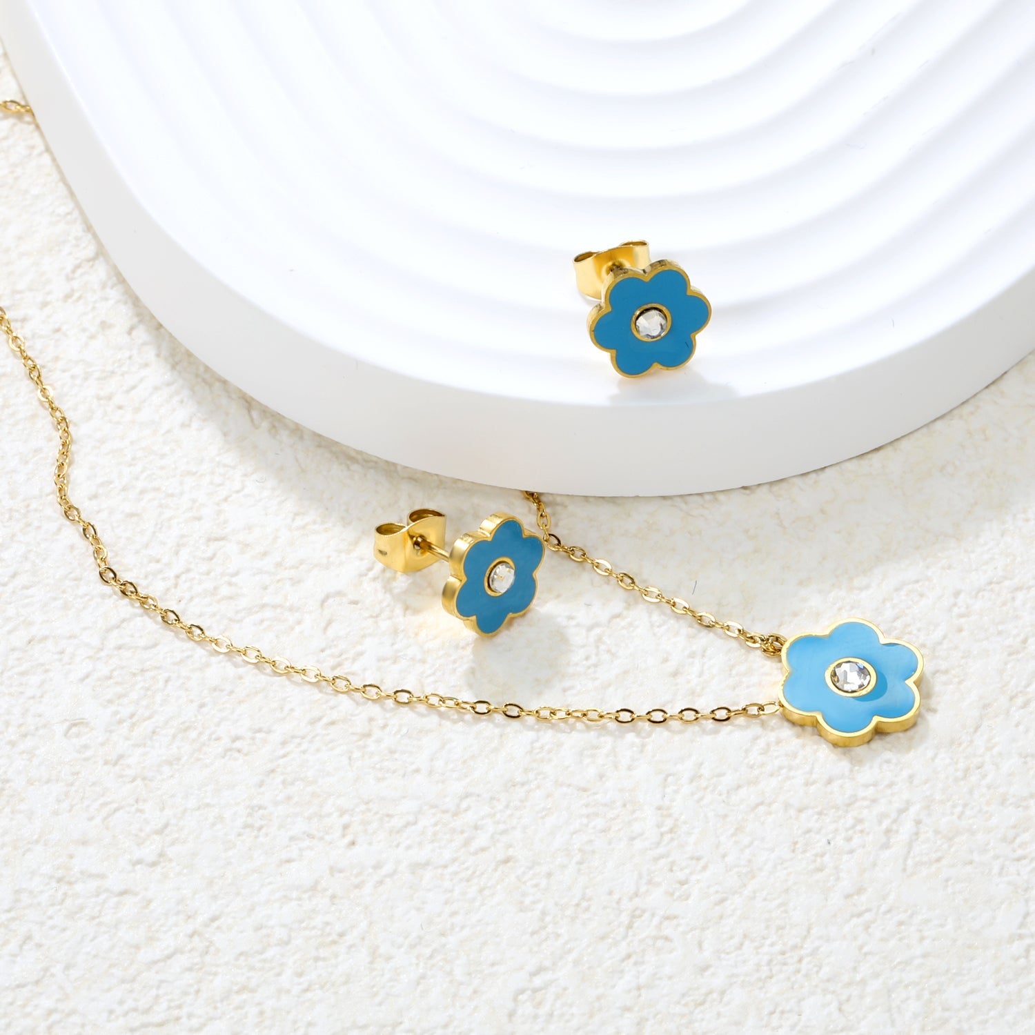 Pink/Light Blue Flower Drip Oil with Diamond Set Gold Earring: 9x10mm Pendant: 12x12mm 0.3mm Cross Chain 40+5cm + 6mm Round Pendant asonjewelry