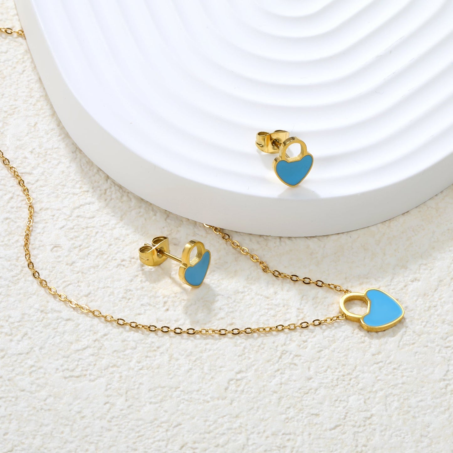 Pink/Light Blue Heart Drip Set Earrings: 7.8 x 10mm Pendant: 9.4 x 12mm 0.3mm Cross Chain 40+5cm + 6mm Round Pendant asonjewelry