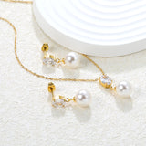 Oval White Zirconia + Pearl Set, Gold, Ear Studs: 6x8mm Oval White Zirconia + Pearl Earrings 10mm, Pendant: 6x8mm Oval White Zirconia + Pearl Pendant 10mm, 0.3mm Cross Chain 40+5cm + 6mm Round Pendant
