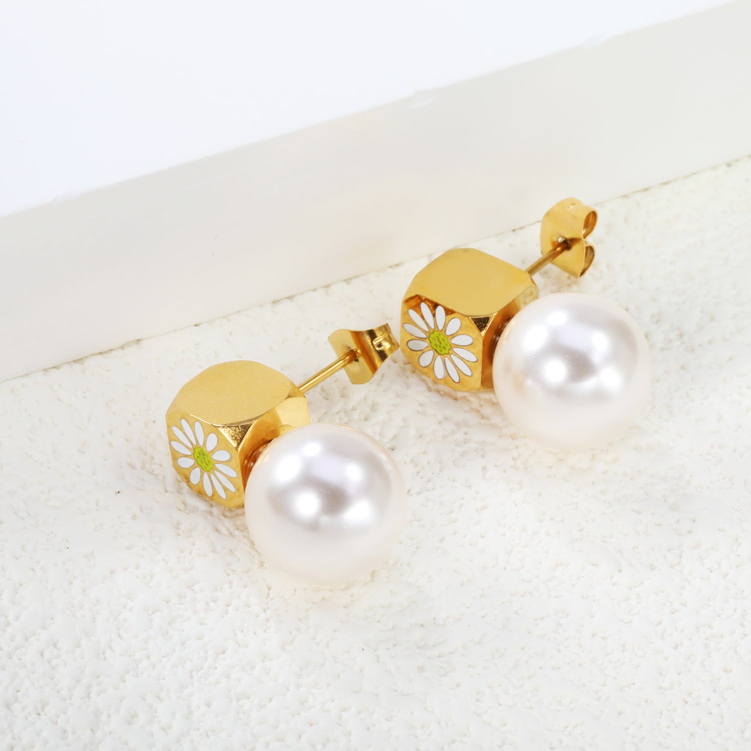 8mm square with white oil drop daisy + 12mm pearl stud earrings gold color asonjewelry