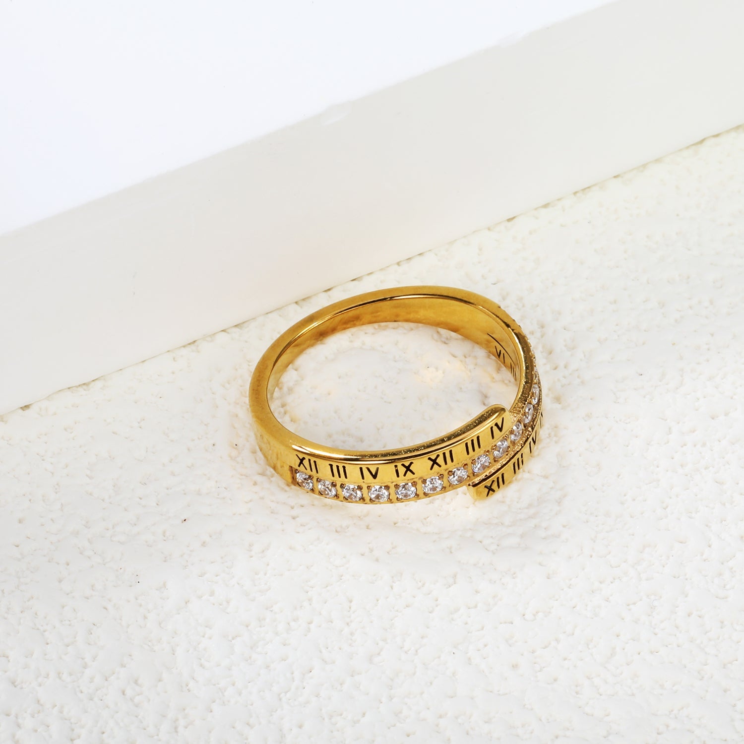 CNC white zirconia + Roman numerals single ring gold color asonjewelry