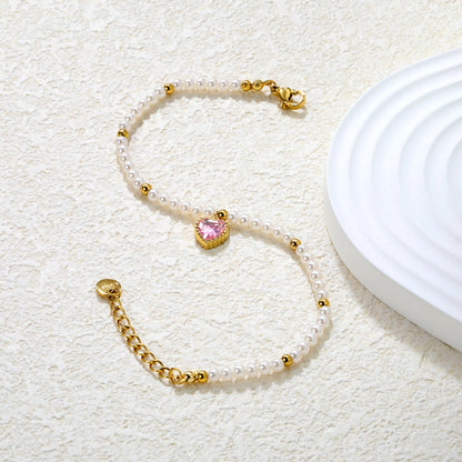 8.5 x 8.8mm beaded heart-shaped pendant with white/black/red/pink/green zirconia stones, 3.2mm white pearl beads + 3mm small steel beads, 18+3cm + 6mm round pendant, gold-colored bracelet asonjewelry