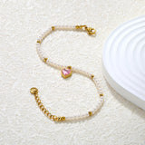 8.5 x 8.8mm beaded heart-shaped pendant with white/black/red/pink/green zirconia stones, 3.2mm white pearl beads + 3mm small steel beads, 18+3cm + 6mm round pendant, gold-colored bracelet