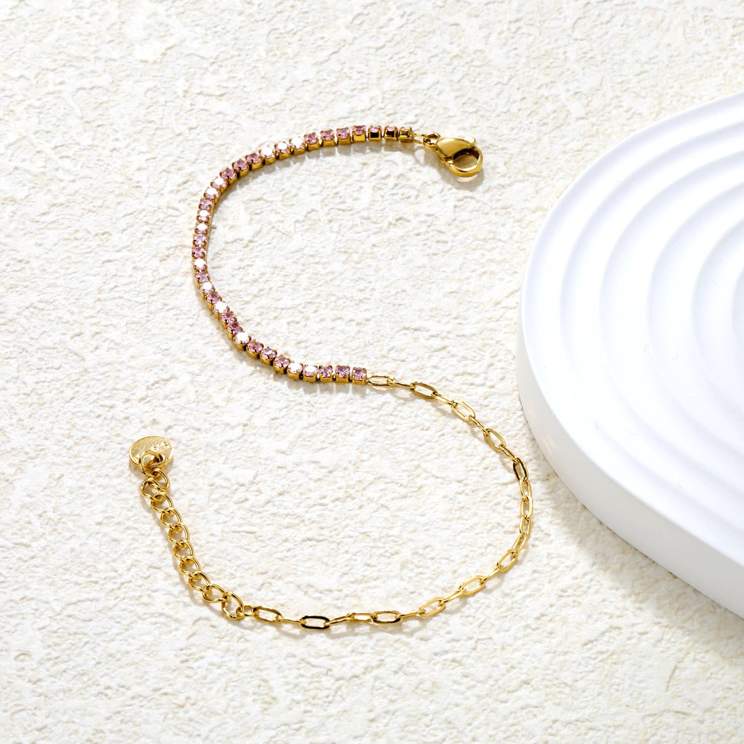 2mm white/black/purple/pink/light blue four-prong round zirconia 18+3cm+6mm round pendant bracelet, gold asonjewelry