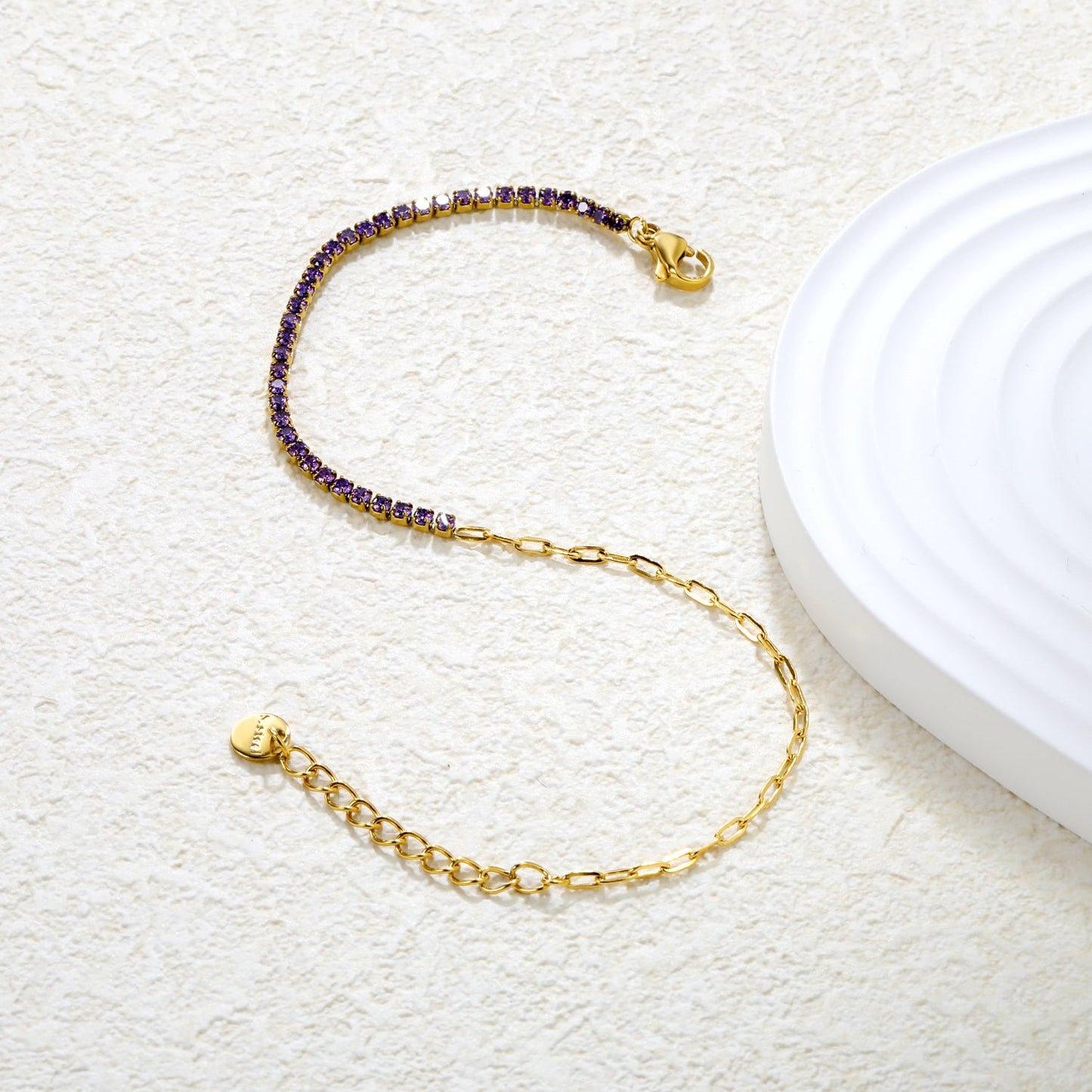 2mm white/black/purple/pink/light blue four-prong round zirconia 18+3cm+6mm round pendant bracelet, gold asonjewelry