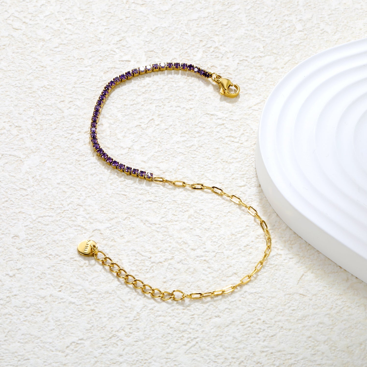 2mm white/black/purple/pink/light blue four-prong round zirconia 18+3cm+6mm round pendant bracelet, gold asonjewelry