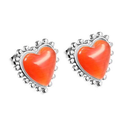 Loose Bead Edge Heart with White / Black / Red / Green Cat's Eye Stones Earrings 17.8*17.5mm asonjewelry