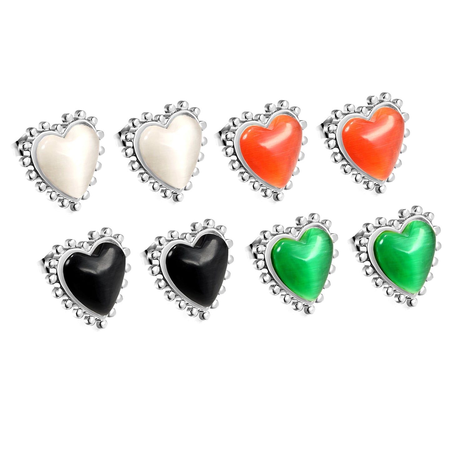 Loose Bead Edge Heart with White / Black / Red / Green Cat's Eye Stones Earrings 17.8*17.5mm asonjewelry