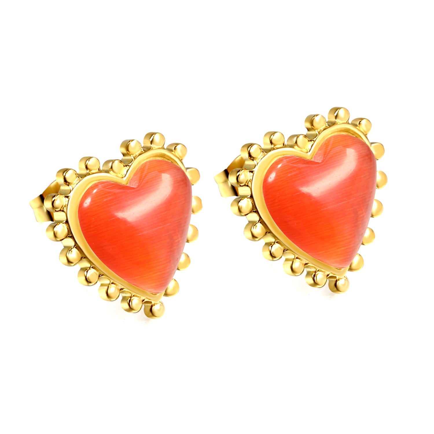 Loose Bead Edge Heart with White / Black / Red / Green Cat's Eye Stones Earrings 17.8*17.5mm asonjewelry